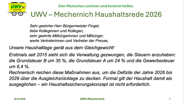 UWV – Mechernich Haushaltsrede 2026